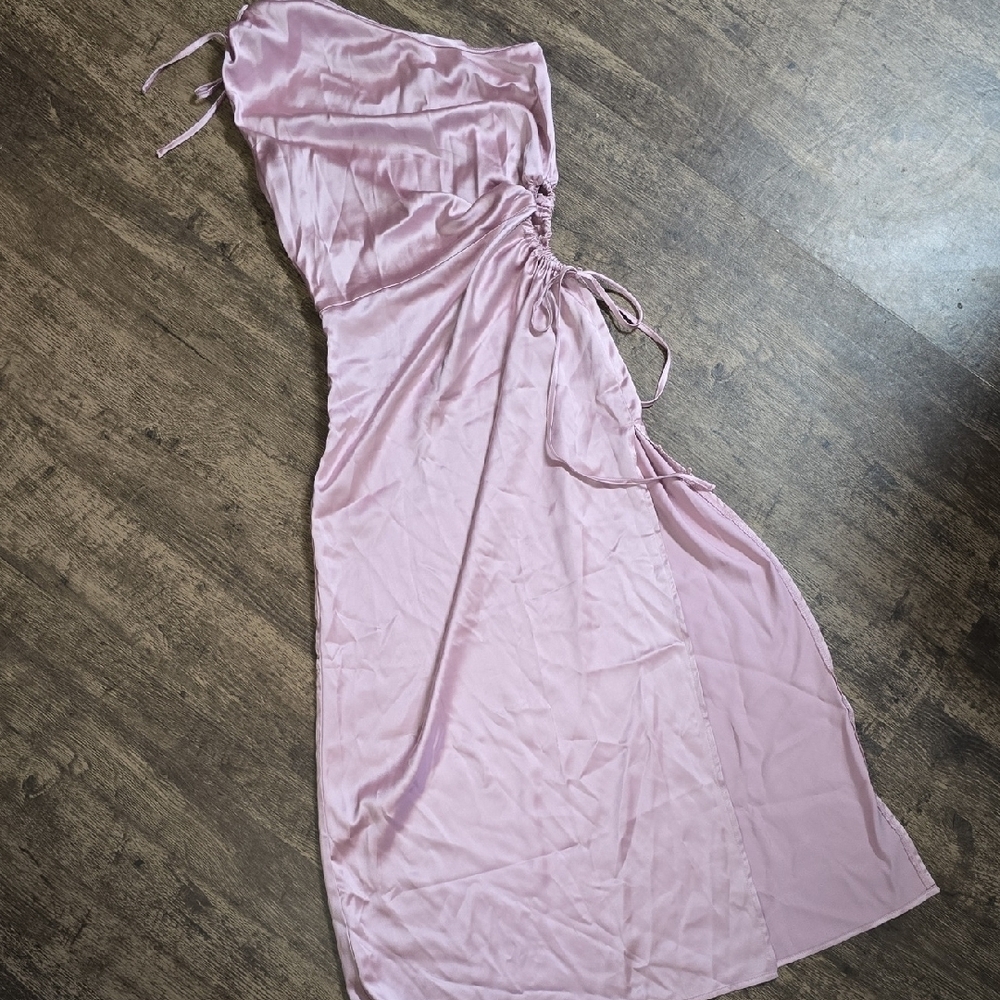 PRETTY GARDEN Women's S Elegant Mauve Pink Satin Dress one Shoulder Slit Cutout